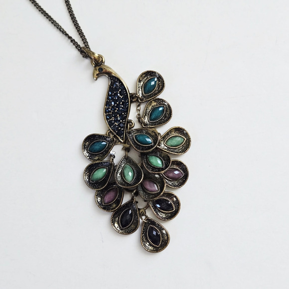 Peacock Chandelier Pendant Necklace Colorful Stones Boho Festival Cocktail Retro - Picture 1 of 12